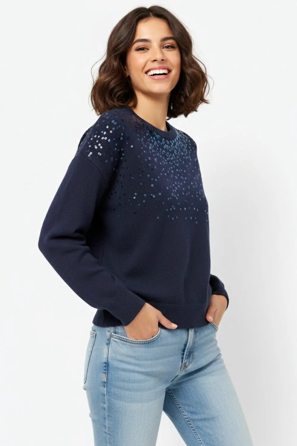 Navy soft knit sweater embellished with sequins on the front - NAVY / ONE - Sweaters