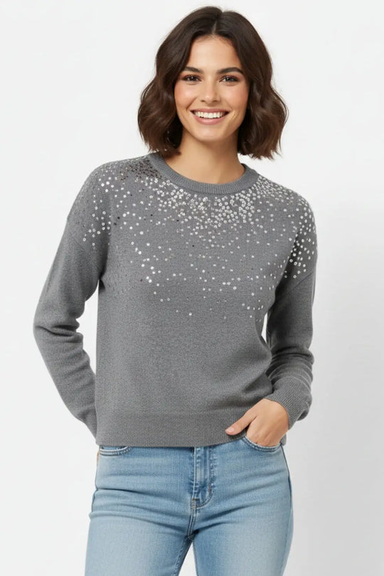 Grey soft knit sweater embellished with sequins on the front - GRAY / ONE - Sweaters
