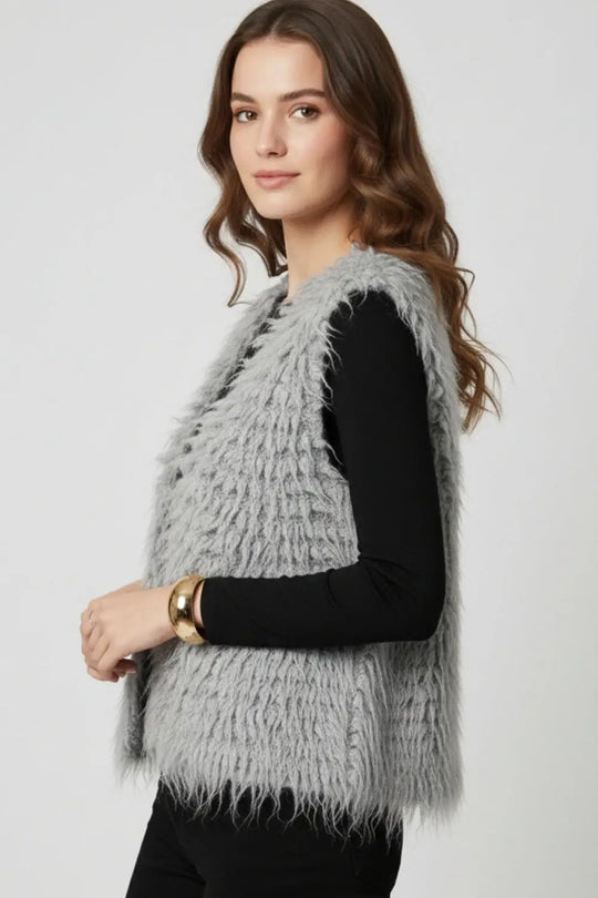 Luxurious vest with grey long-haired texture - GRAY / ONE - Cardigans