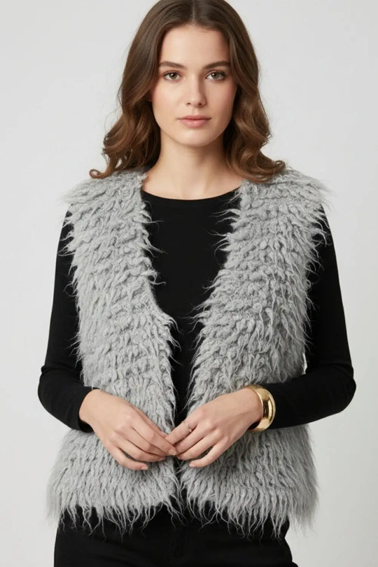 Luxurious vest with grey long-haired texture - GRAY / ONE - Cardigans