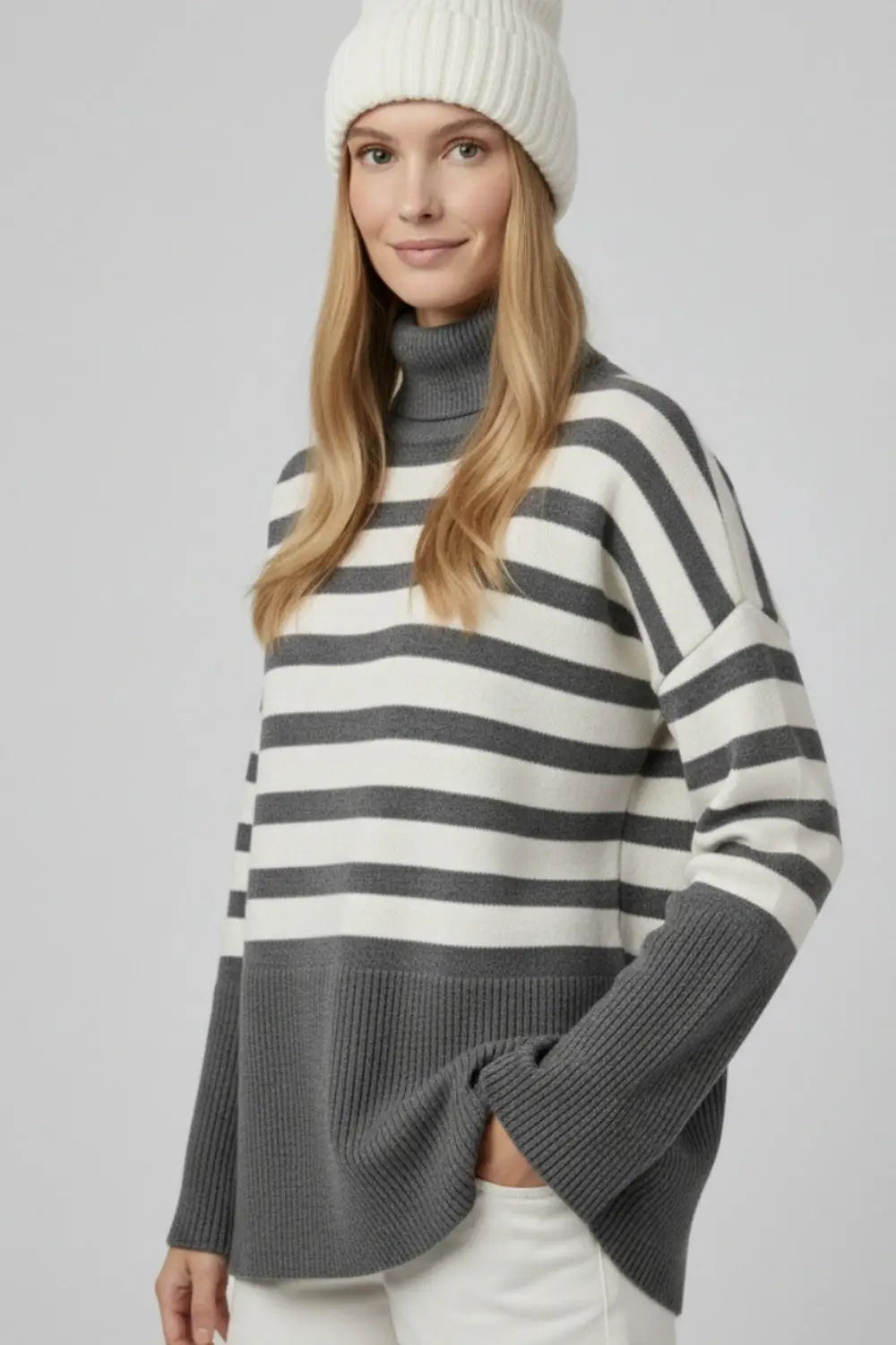 Gray oversized turtleneck sweater with white stripes and splits on the side - GRAY / ONE - Sweaters