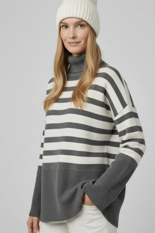 Gray oversized turtleneck sweater with white stripes and splits on the side - GRAY / ONE - Sweaters