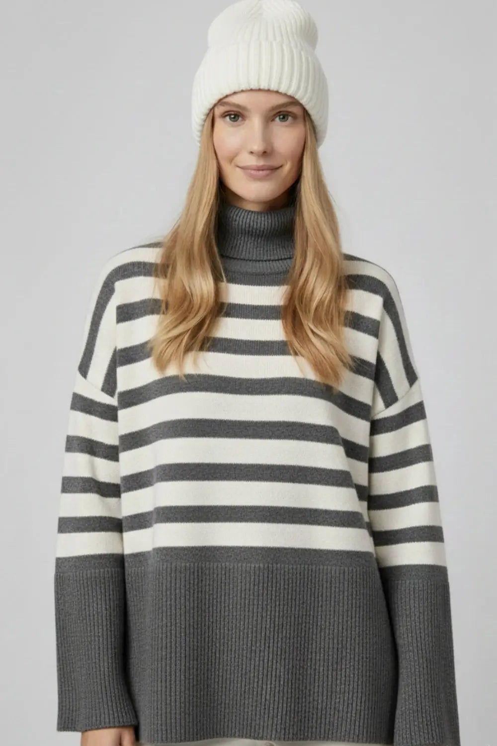 Gray oversized turtleneck sweater with white stripes and splits on the side - GRAY / ONE - Sweaters