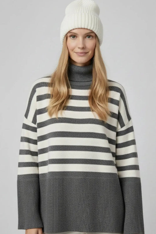 Gray oversized turtleneck sweater with white stripes and splits on the side - GRAY / ONE - Sweaters