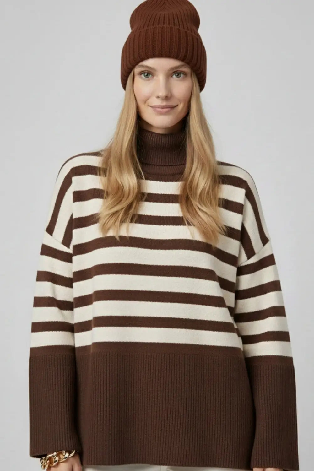 Brown oversized turtleneck sweater with white stripes and splits on the side - BROWN / ONE - Sweaters