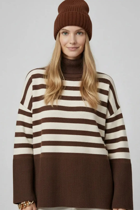 Brown oversized turtleneck sweater with white stripes and splits on the side - BROWN / ONE - Sweaters