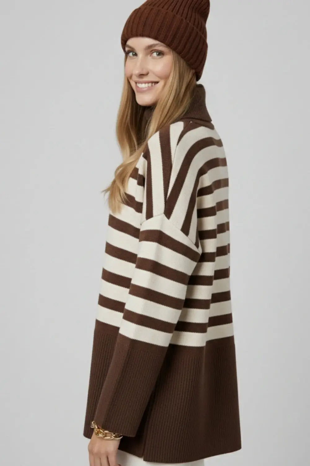 Brown oversized turtleneck sweater with white stripes and splits on the side - BROWN / ONE - Sweaters