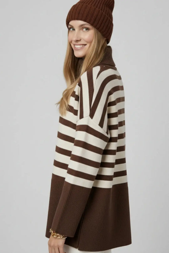 Brown oversized turtleneck sweater with white stripes and splits on the side - BROWN / ONE - Sweaters