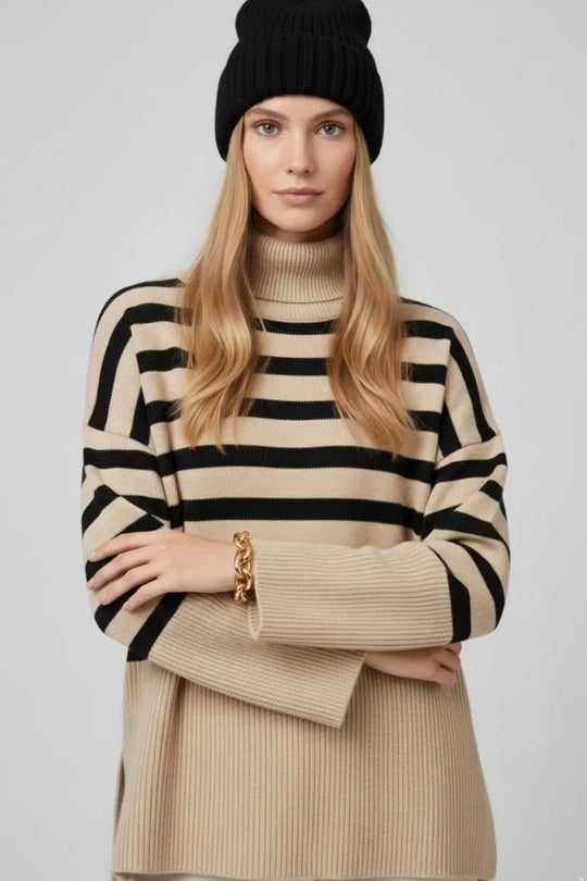 Beige oversized turtleneck sweater with black stripes and splits on the side - BEIGE / ONE - Sweaters