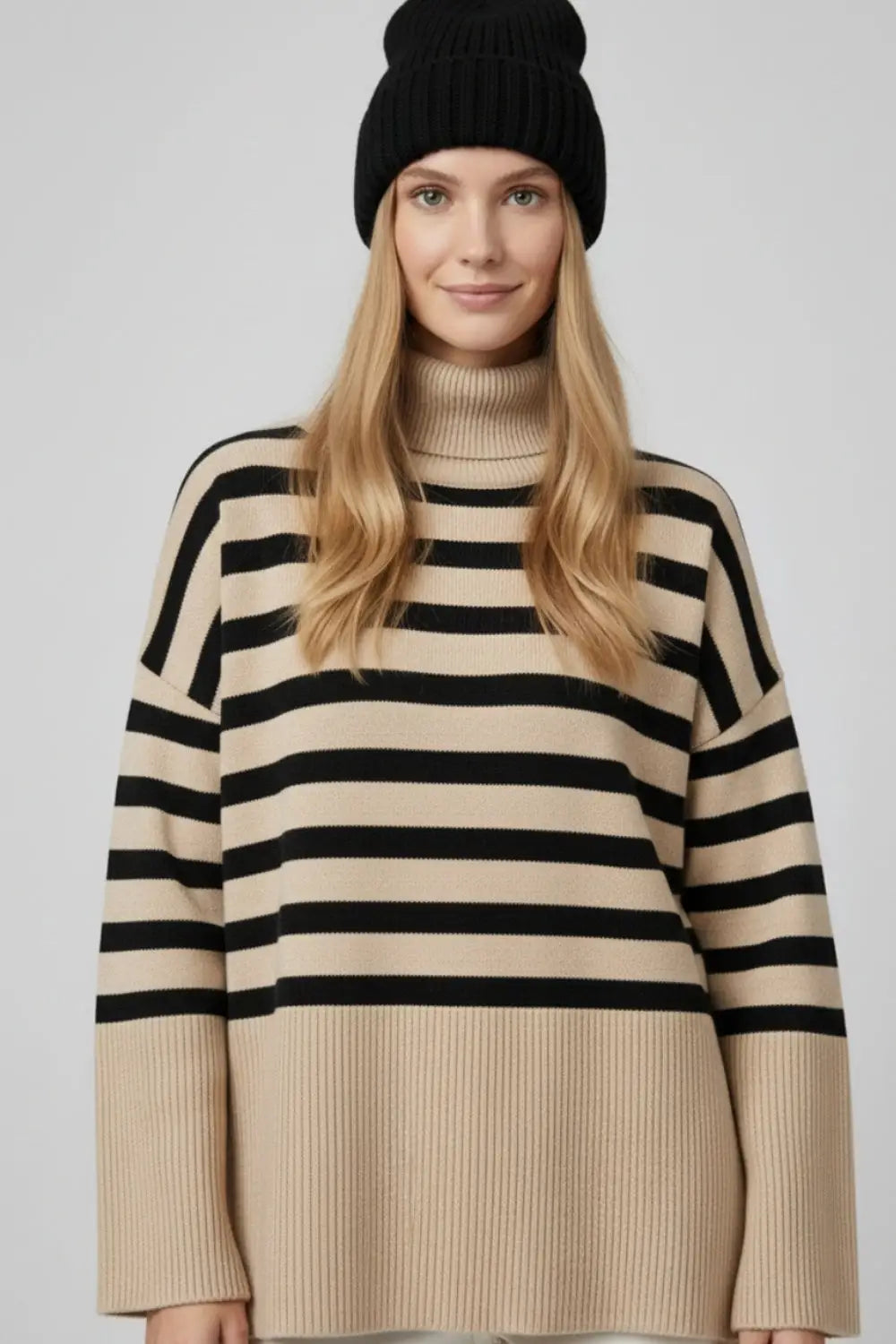 Beige oversized turtleneck sweater with black stripes and splits on the side - BEIGE / ONE - Sweaters