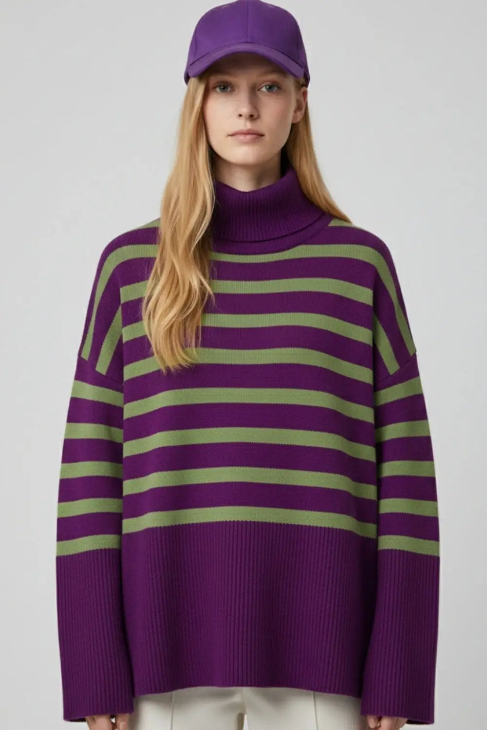 Purple oversized turtleneck sweater with green stripes and splits on the side - PURPLE / ONE - Sweaters