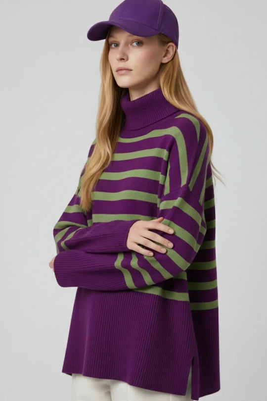Purple oversized turtleneck sweater with green stripes and splits on the side - PURPLE / ONE - Sweaters