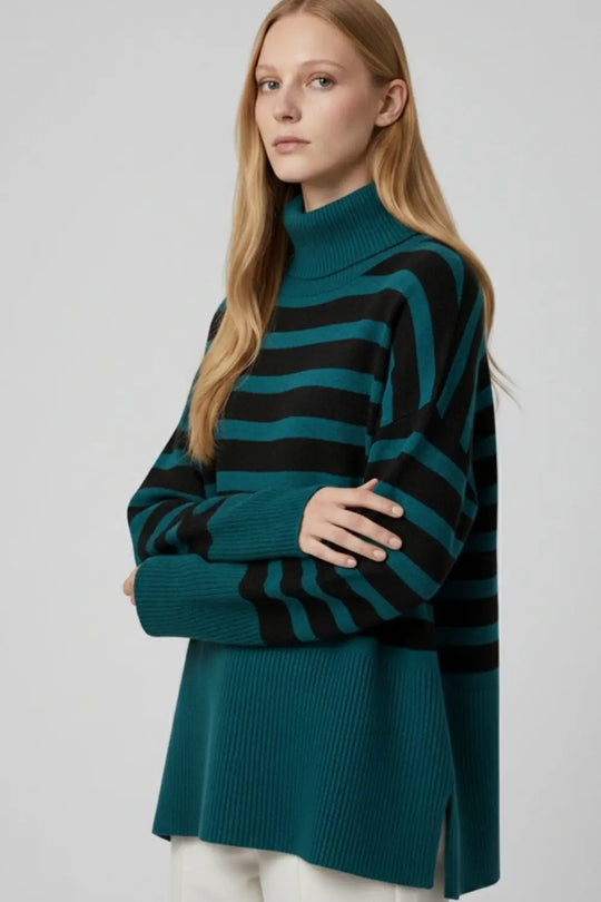 oversized turtleneck sweater with black stripes and splits on the side - GREEN / ONE - Sweaters