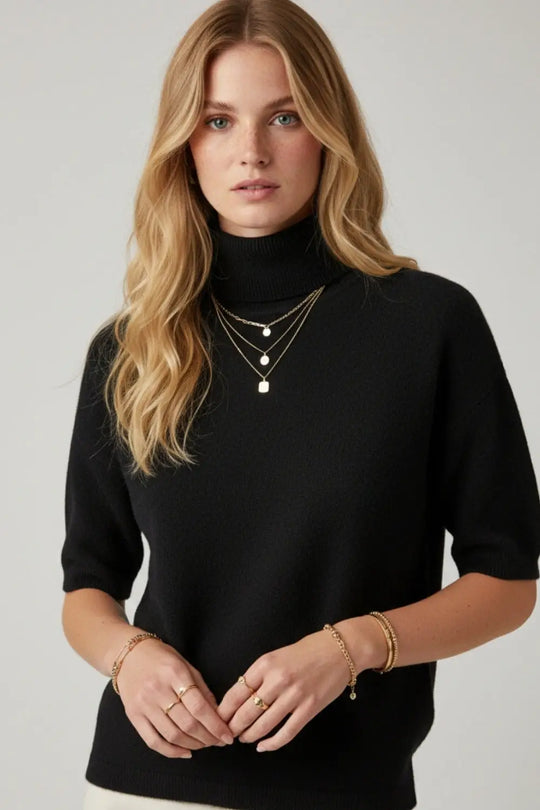 Fine knit sweater in black with a high neck and elbow-length sleeves - BLACK / ONE - Sweaters