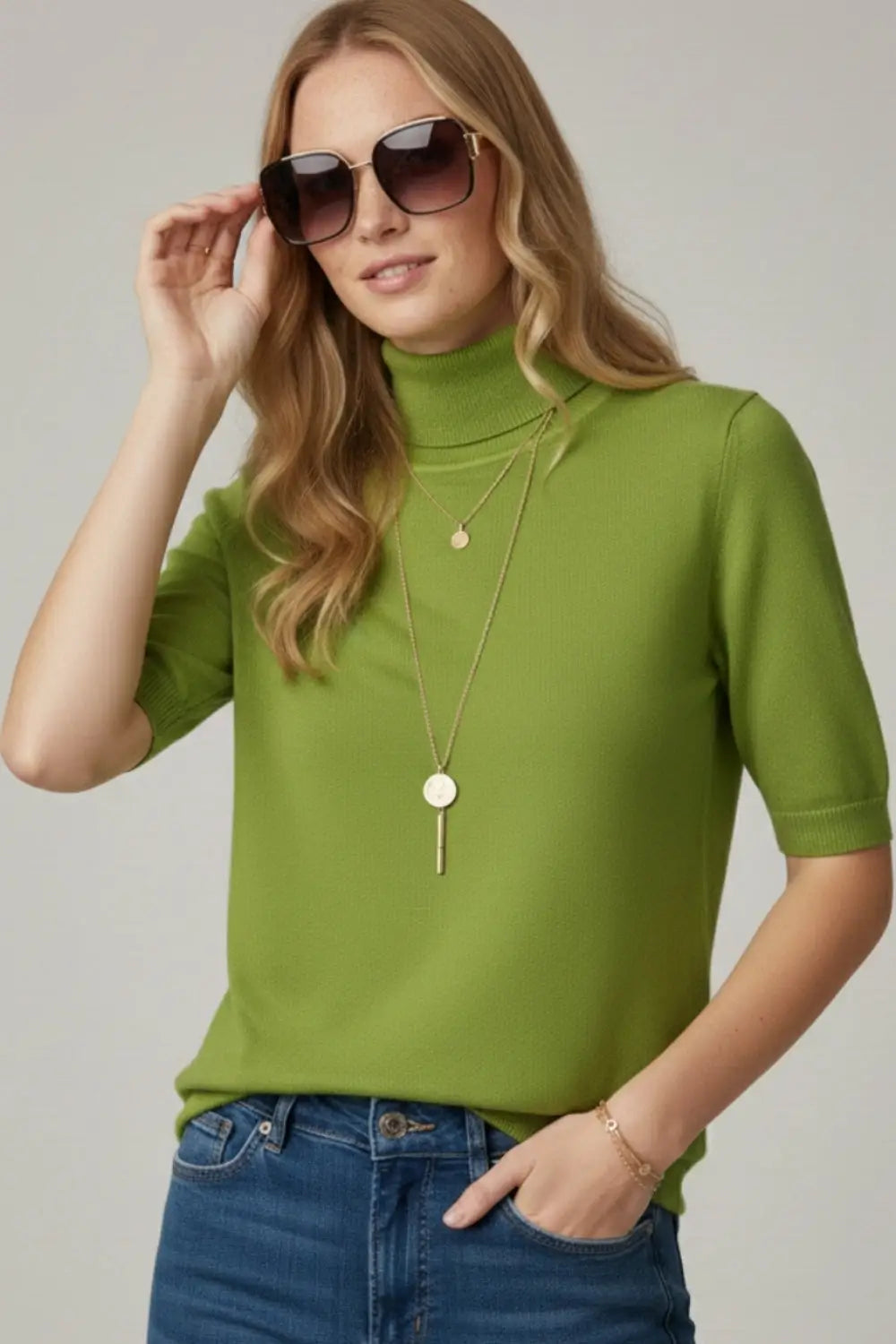 Fine knit sweater in olive green with a high neck and elbow-length sleeves - GREEN / ONE - Sweaters