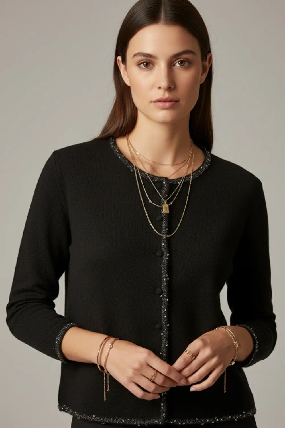 fine knit black cardigan with rhinestone detail - BLACK / ONE - Cardigans