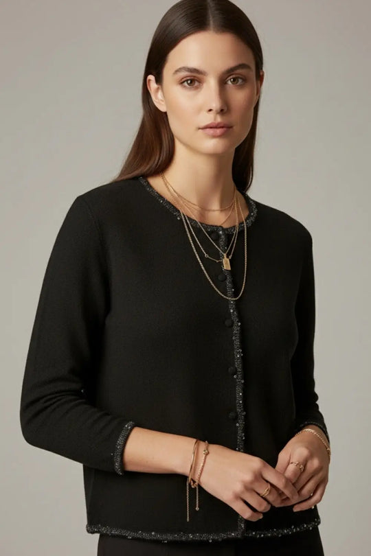 fine knit black cardigan with rhinestone detail - BLACK / ONE - Cardigans