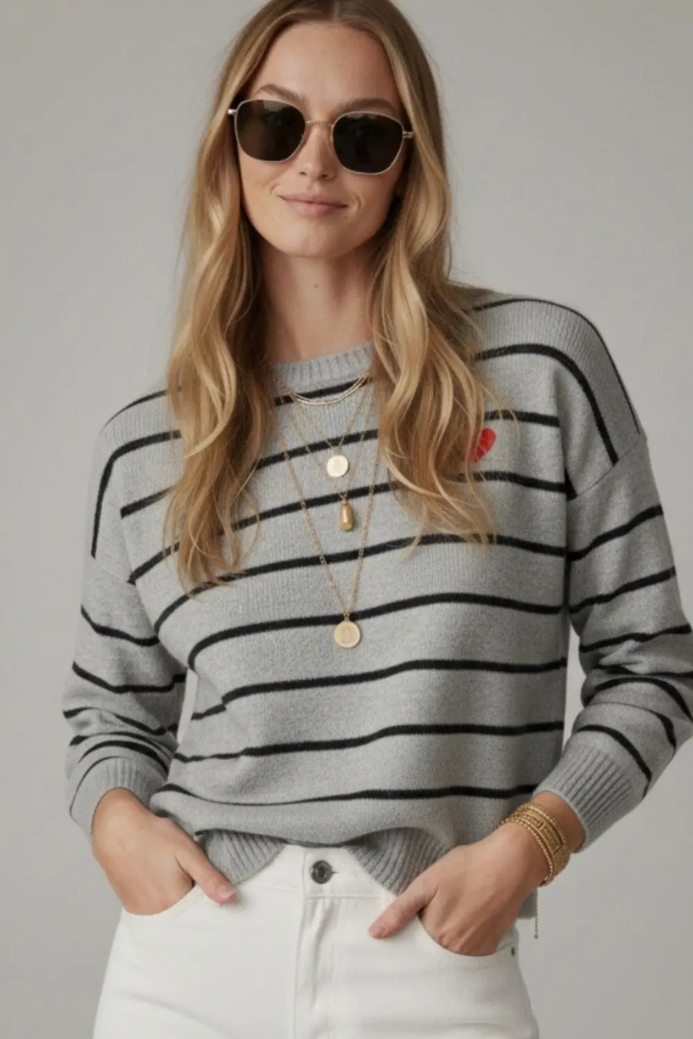gray striped knit sweater with red heart detail - GRAY / ONE - Sweaters