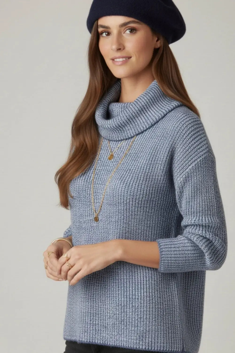 Navy blue ribbed knit sweater with a roll neck - BLUE / ONE - Sweaters
