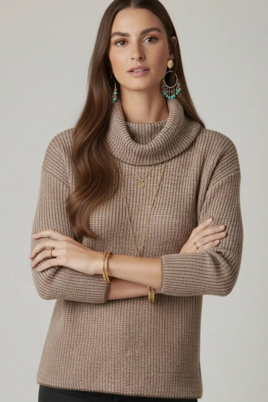 Brown ribbed knit sweater with a roll neck - BROWN / ONE - Sweaters