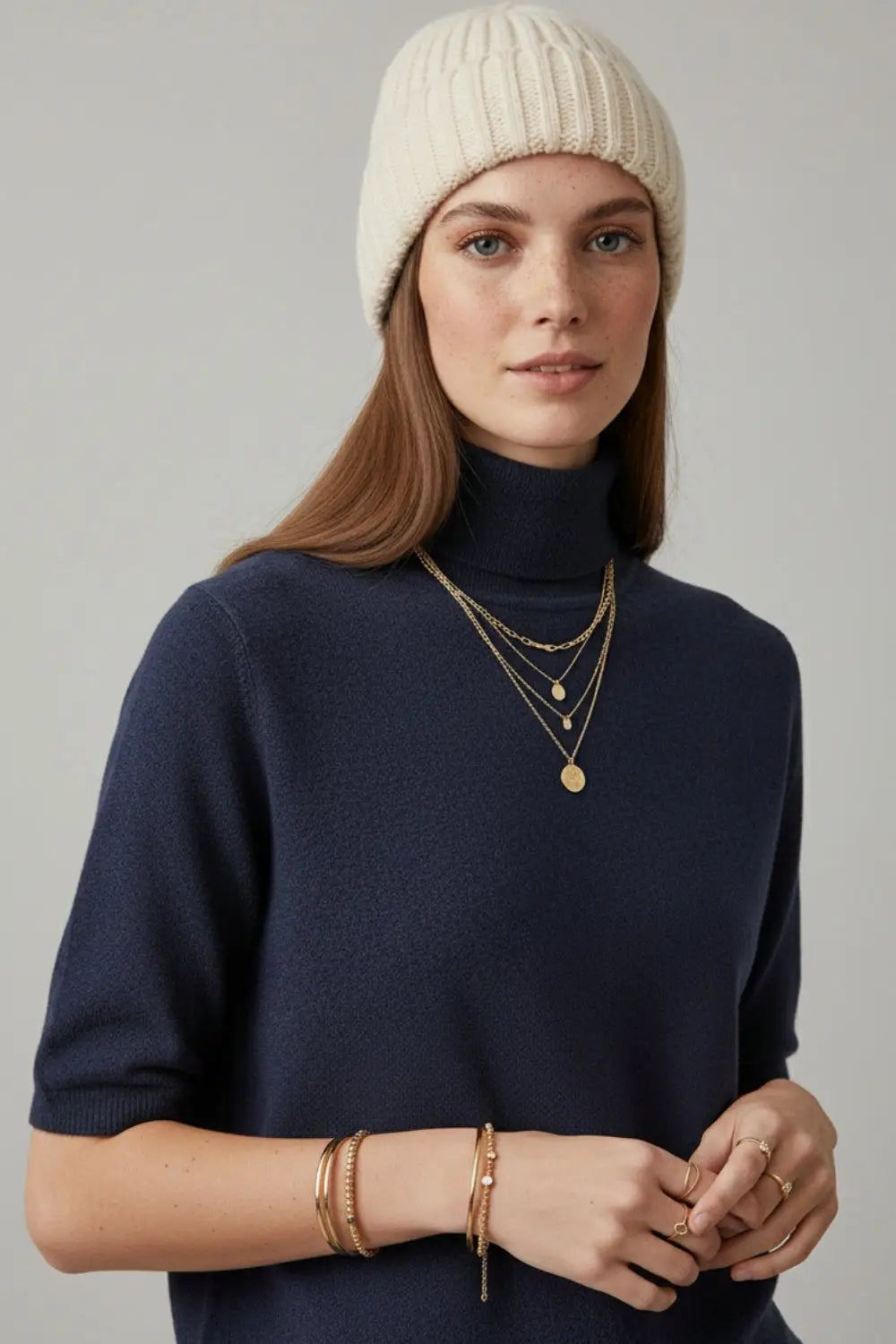 Fine knit sweater in navy blue with a high neck and elbow-length sleeves - NAVY / ONE - Sweaters