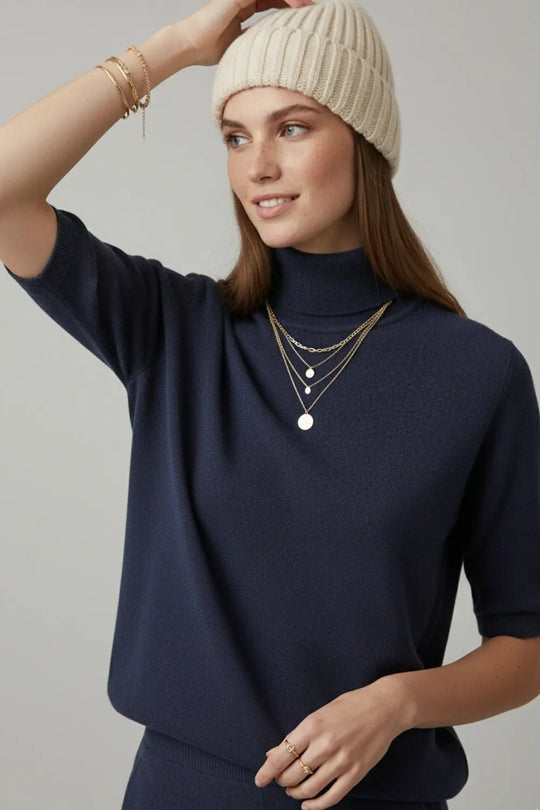 Fine knit sweater in navy blue with a high neck and elbow-length sleeves - NAVY / ONE - Sweaters