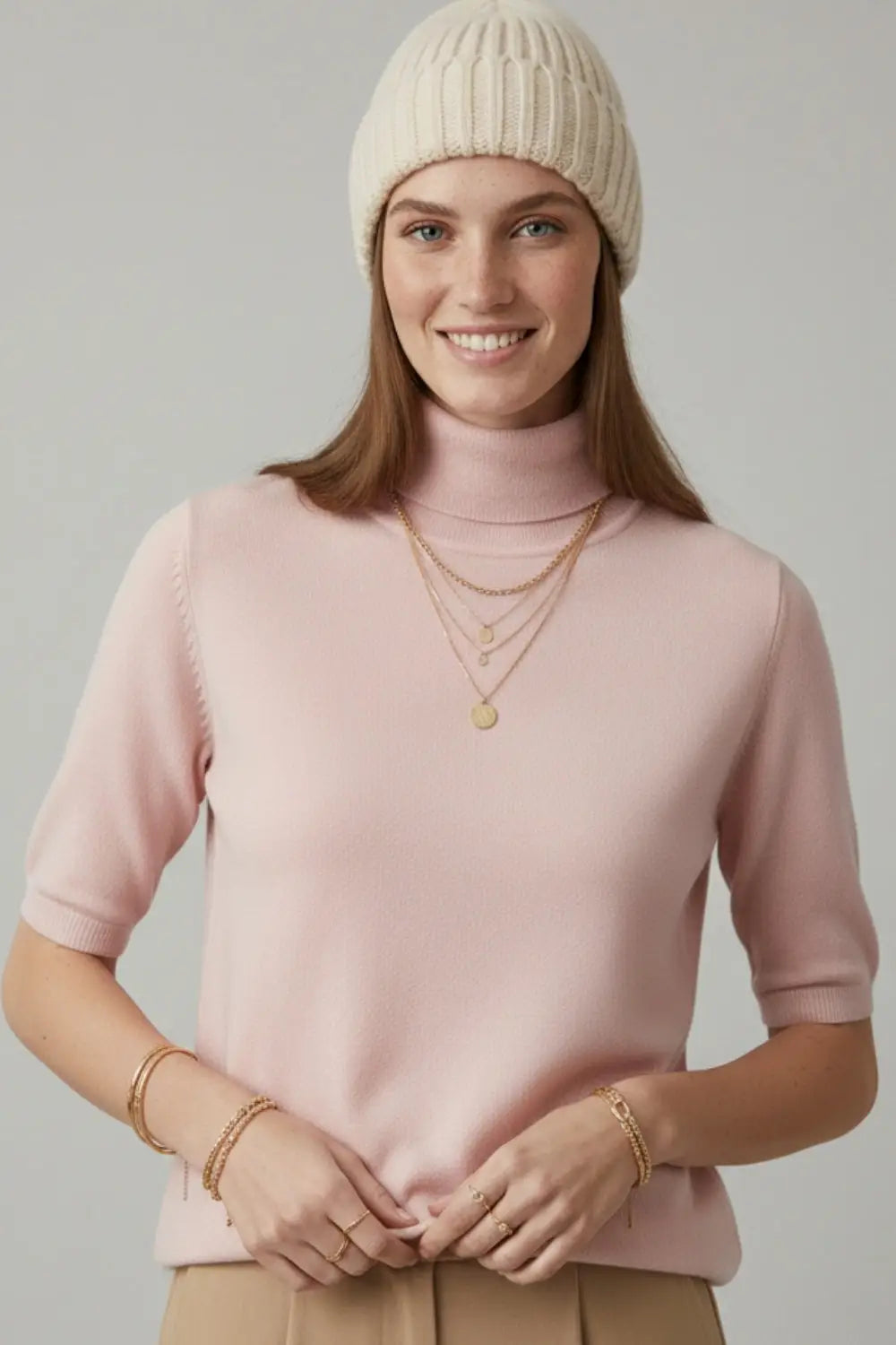 Fine knit sweater in pink with a high neck and elbow-length sleeves - PINK / ONE - Sweaters