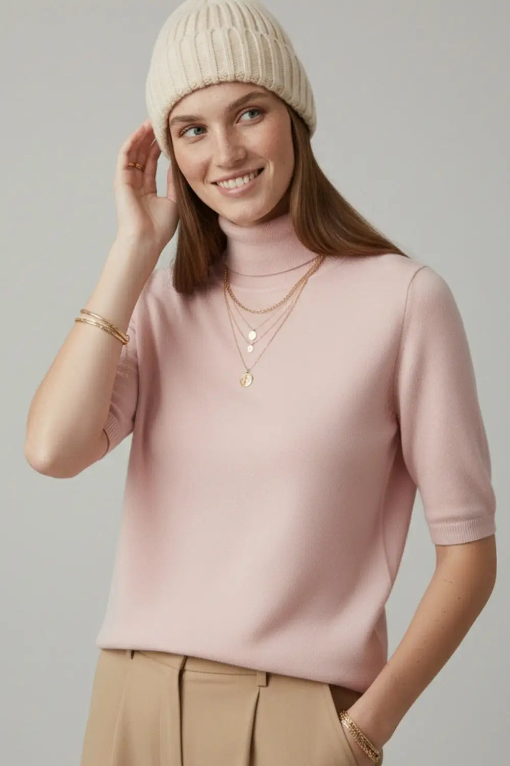 Fine knit sweater in pink with a high neck and elbow-length sleeves - PINK / ONE - Sweaters