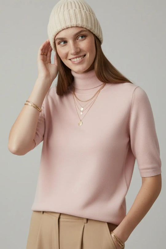 Fine knit sweater in pink with a high neck and elbow-length sleeves - PINK / ONE - Sweaters