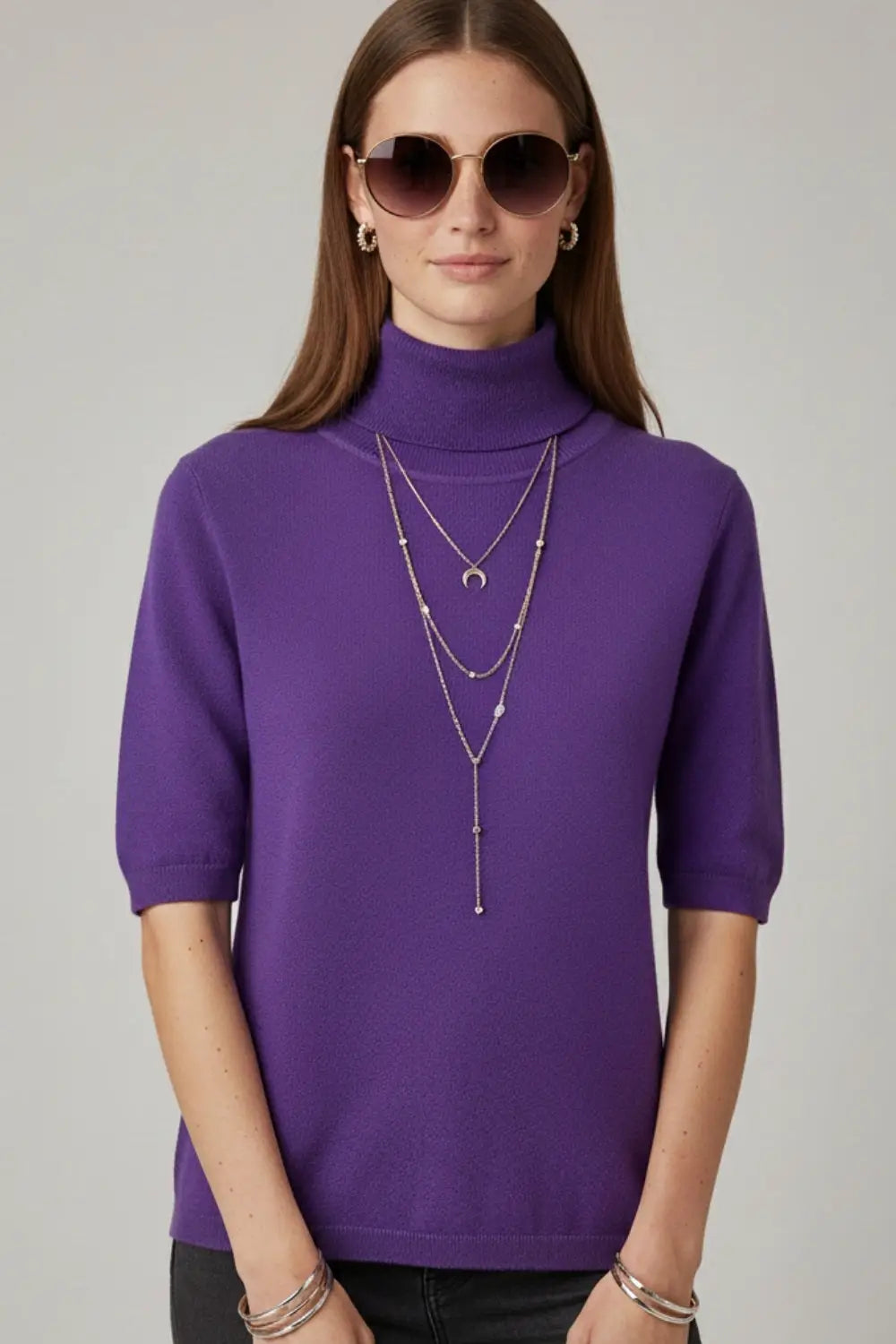 Fine knit sweater in purple with a high neck and elbow-length sleeves - PURPLE / ONE - Sweaters