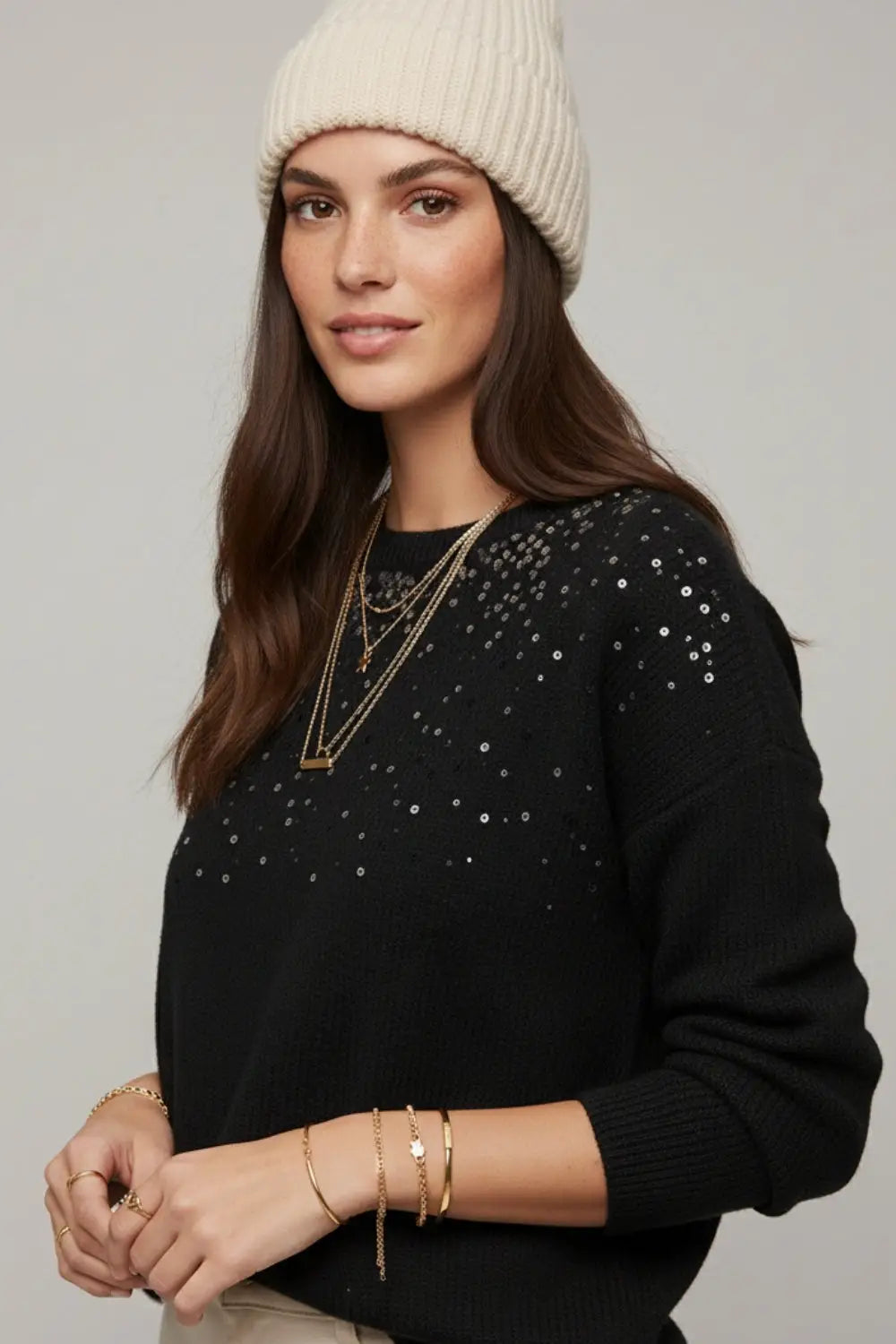 black soft knit sweater embellished with sequins on the front - BLACK / ONE - Sweaters