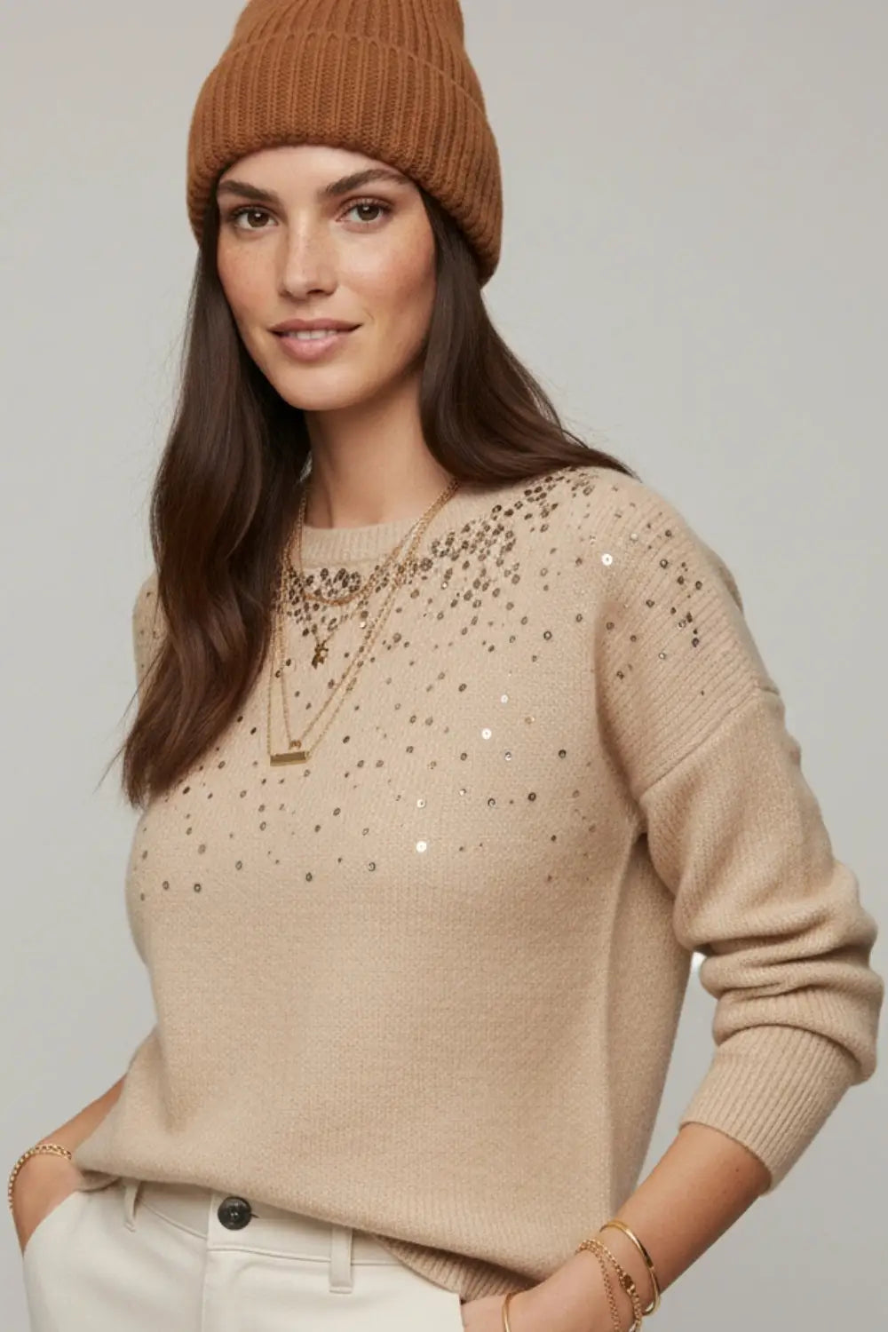 Cream soft knit sweater embellished with sequins on the front - CREAM / ONE - Sweaters