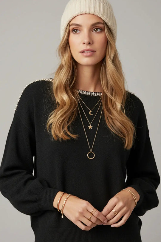 black fine knit sweater with a boat neck and rhinestone detail - BLACK / ONE - Sweaters