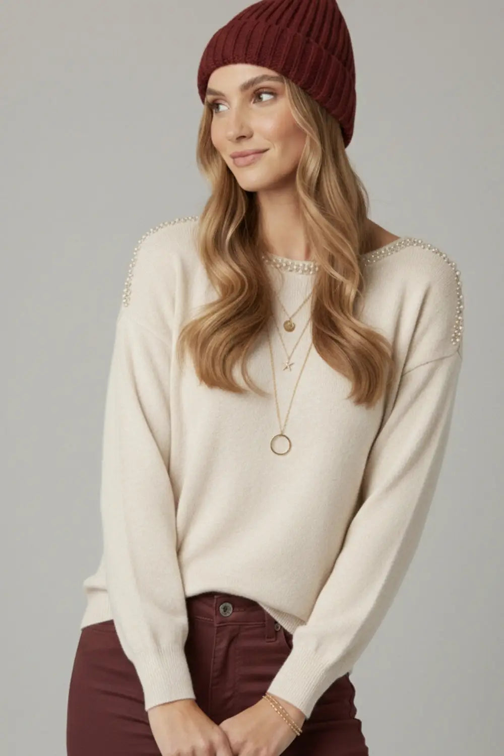 cream fine knit sweater with a boat neck and rhinestone detail - CREAM / ONE - Sweaters