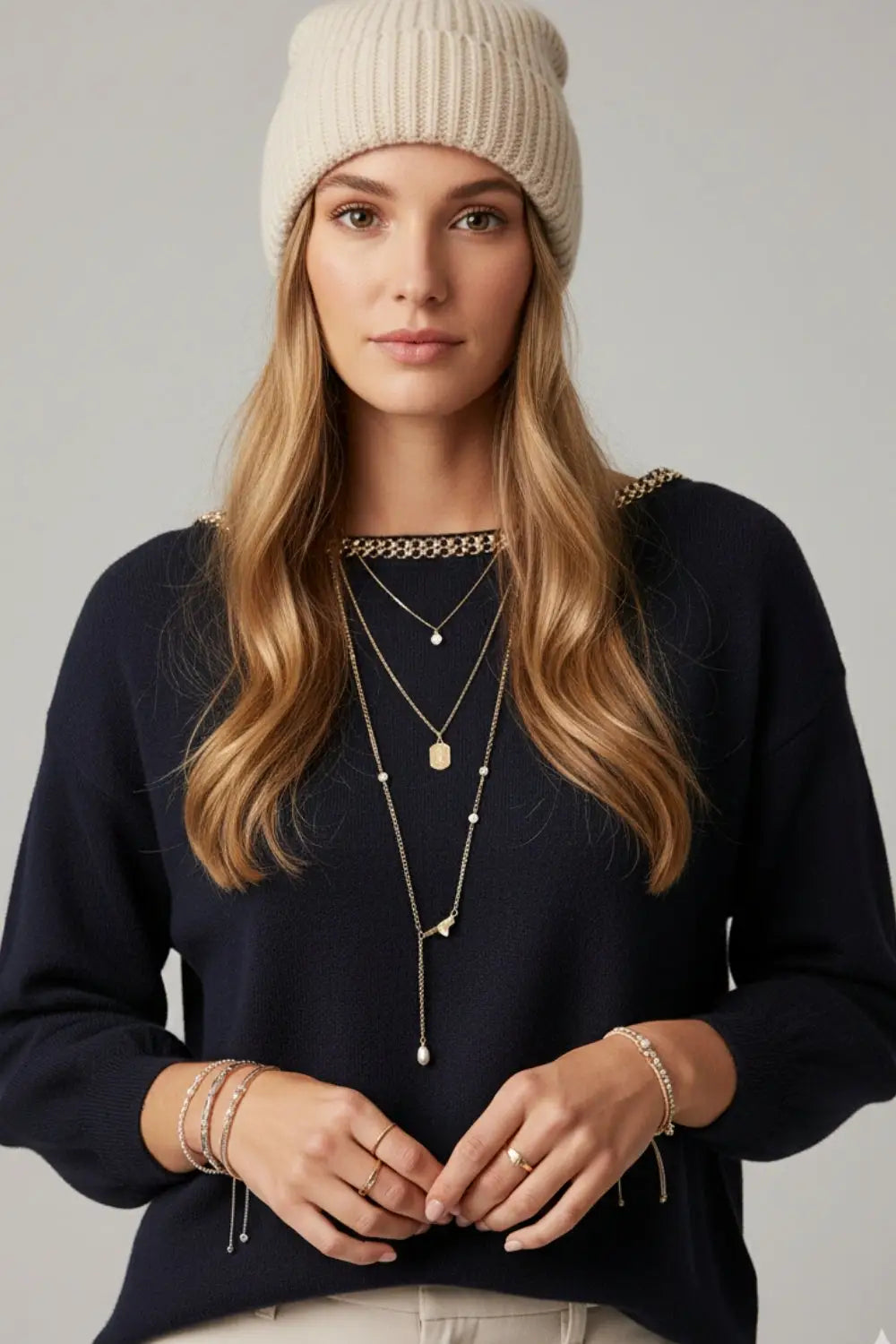 navy fine knit sweater with a boat neck and rhinestone detail - NAVY / ONE - Sweaters