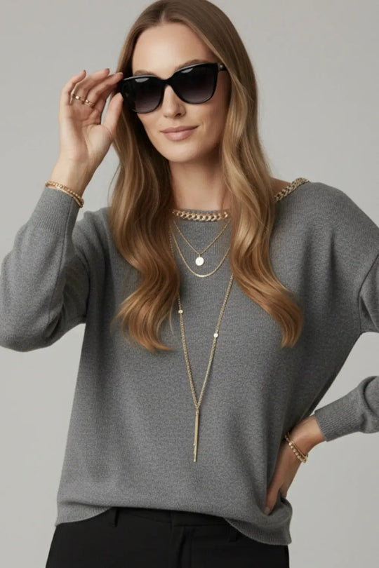 grey fine knit sweater with a boat neck and rhinestone detail - GRAY / ONE - Sweaters