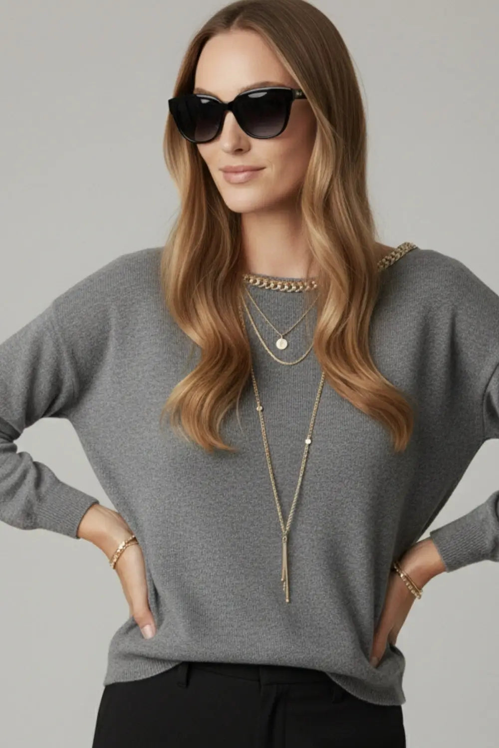 grey fine knit sweater with a boat neck and rhinestone detail - GRAY / ONE - Sweaters