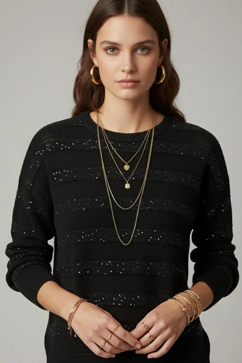 Black Striped Knit Sweater with Sequin Detail - BLACK / ONE - Sweaters