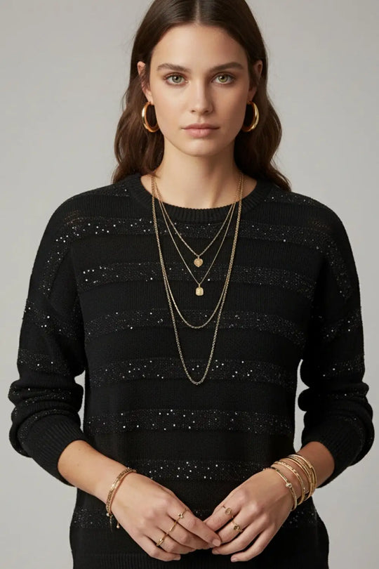 Black Striped Knit Sweater with Sequin Detail - BLACK / ONE - Sweaters