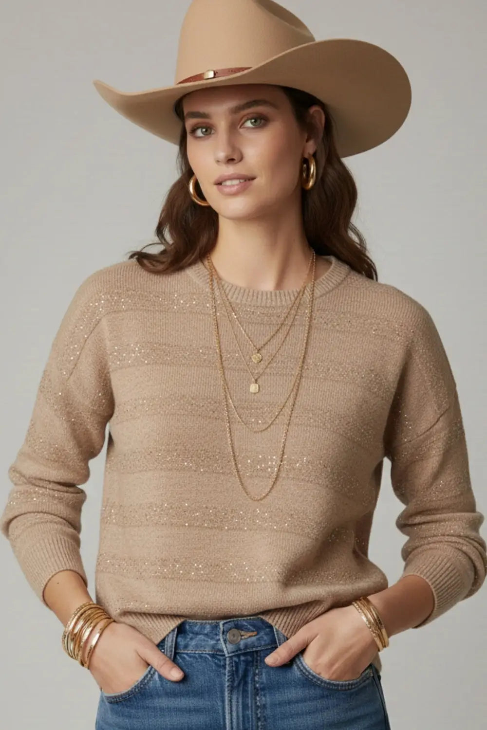 Beige Striped Knit Sweater with Sequin Detail - BEIGE / ONE - Sweaters