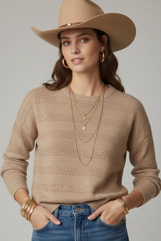 Beige Striped Knit Sweater with Sequin Detail - BEIGE / ONE - Sweaters