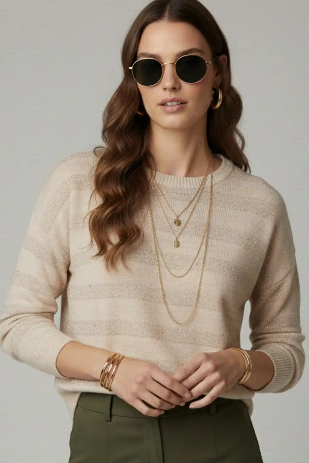 Cream Striped Knit Sweater with Sequin Detail - CREAM / ONE - Sweaters
