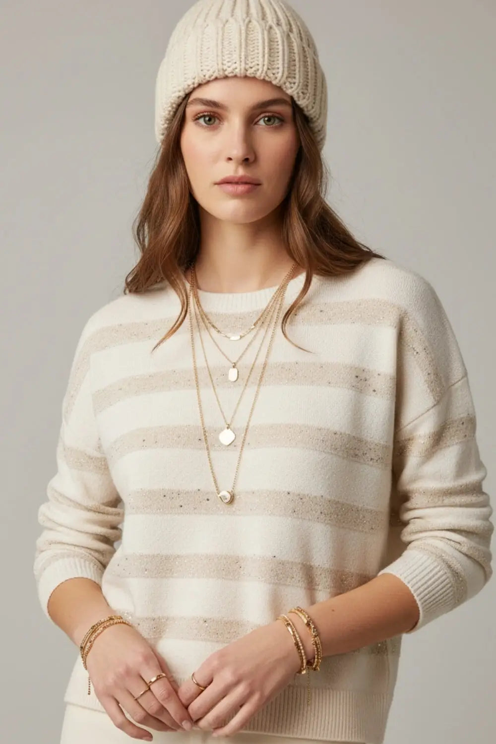 White Striped Knit Sweater with Sequin Detail - WHITE / ONE - Sweaters
