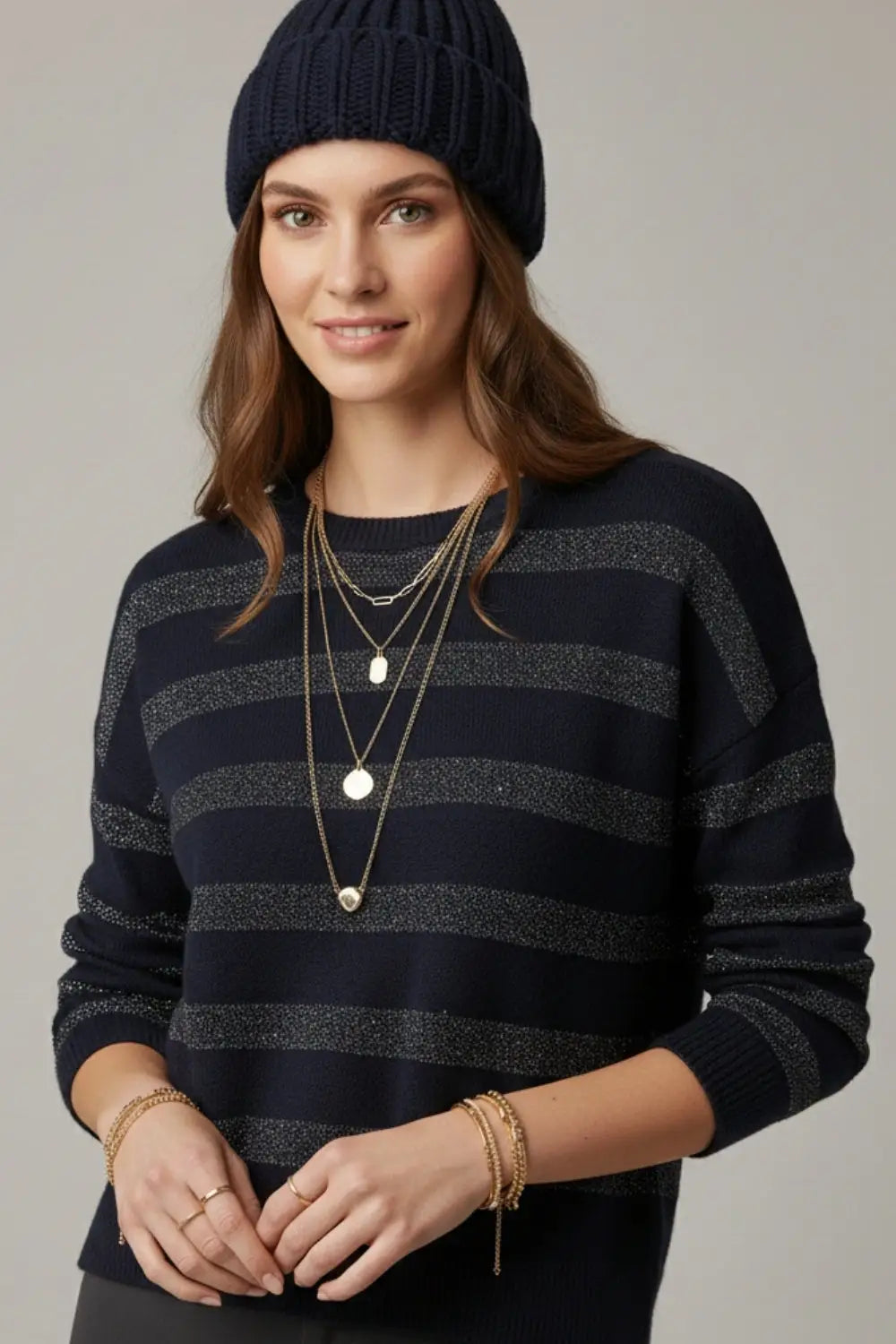 navy Striped Knit Sweater with Sequin Detail - NAVY / ONE - Sweaters