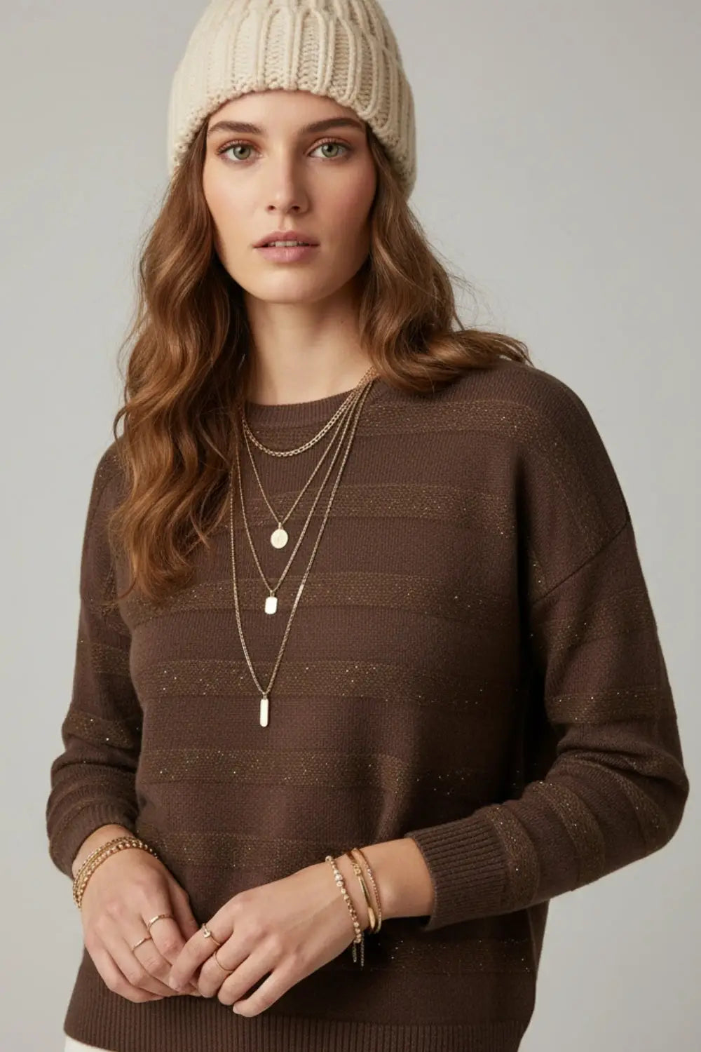 Brown Striped Knit Sweater with Sequin Detail - BROWN / ONE - Sweaters