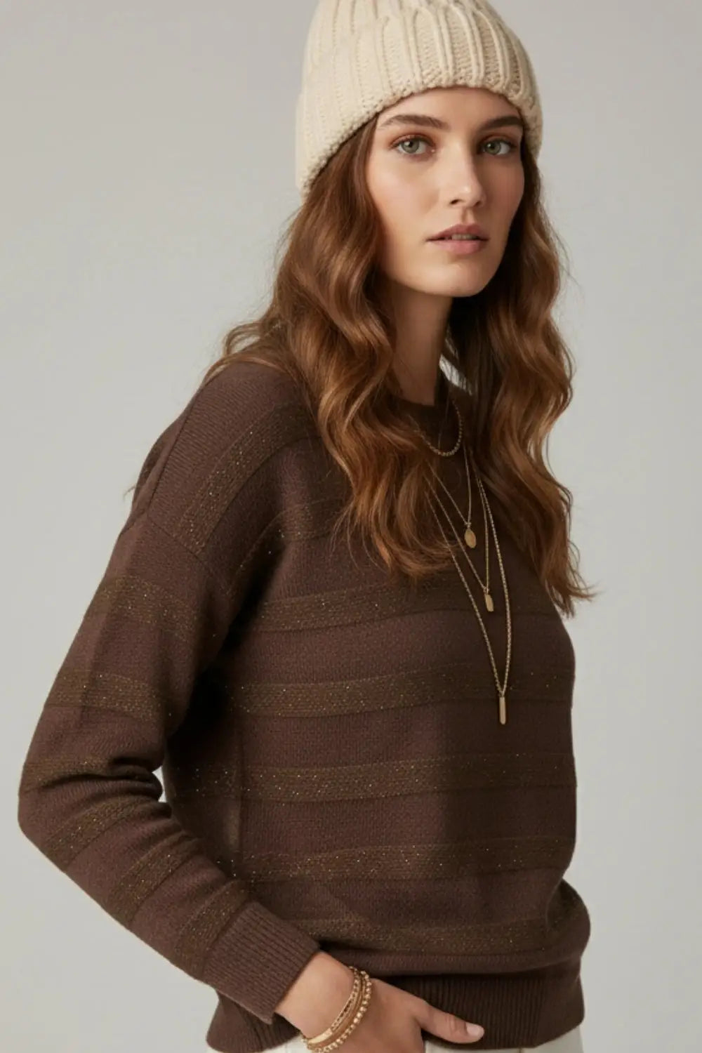 Brown Striped Knit Sweater with Sequin Detail - BROWN / ONE - Sweaters