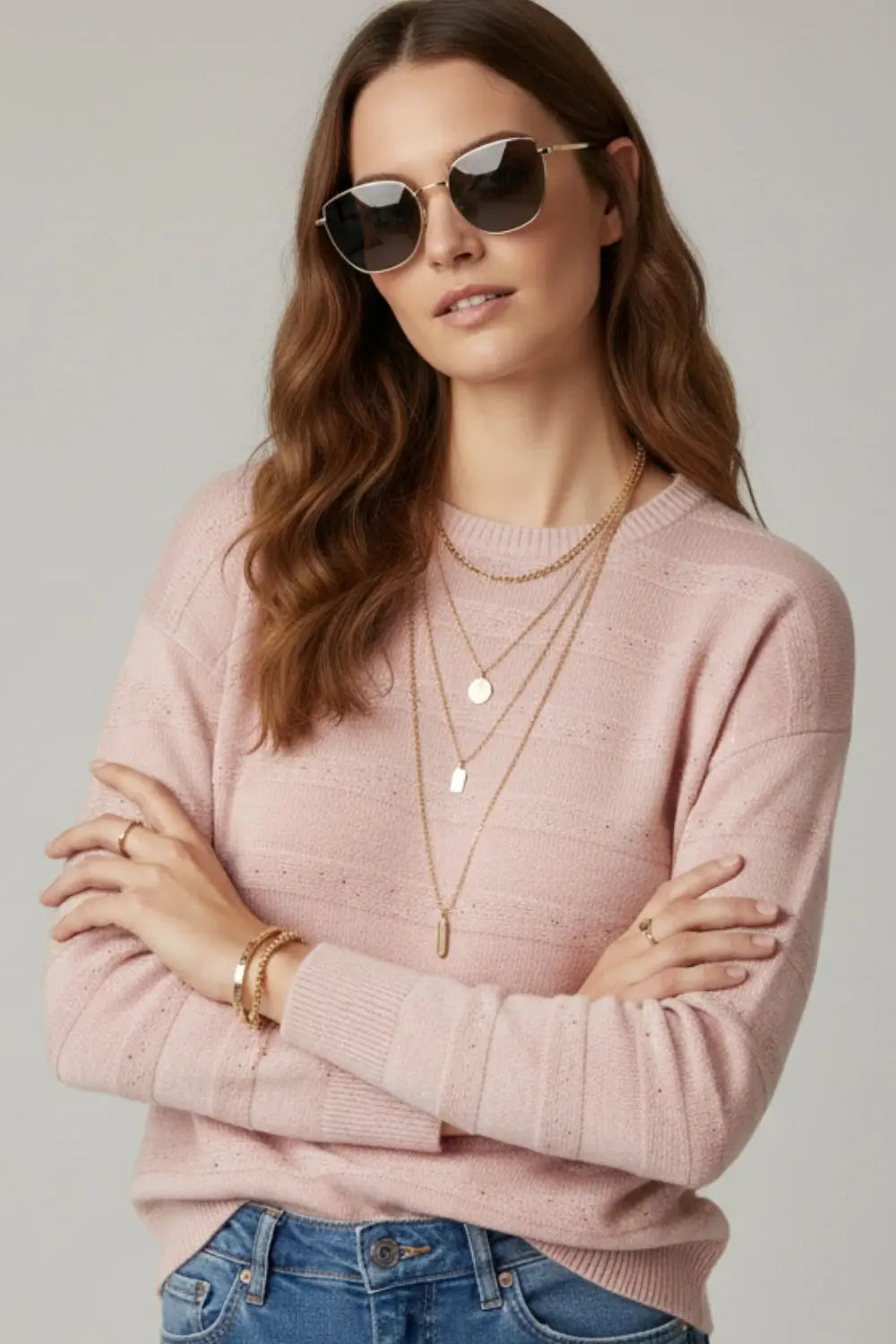 Pink Striped Knit Sweater with Sequin Detail - PINK / ONE - Sweaters