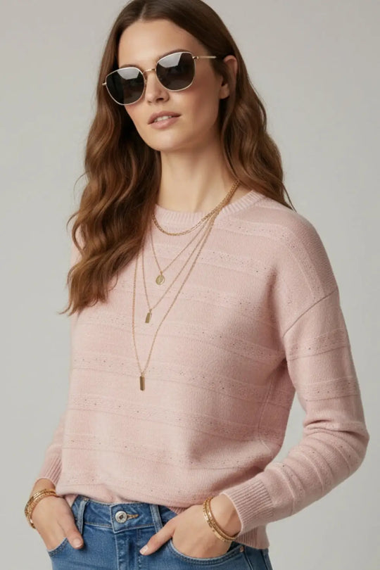 Pink Striped Knit Sweater with Sequin Detail - PINK / ONE - Sweaters