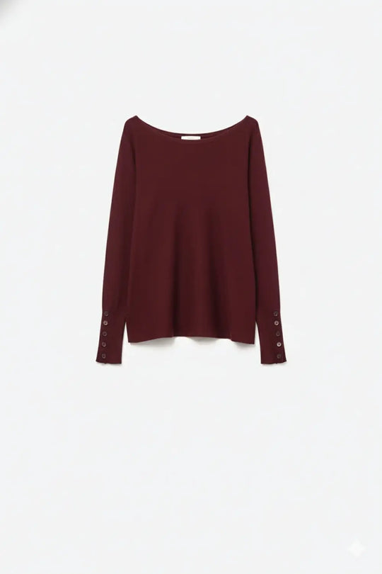 Soft knit Burgundy Sweater with sleeve button details - RED / ONE - Sweaters