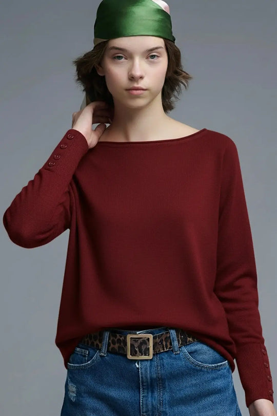 Soft knit Burgundy Sweater with sleeve button details - RED / ONE - Sweaters